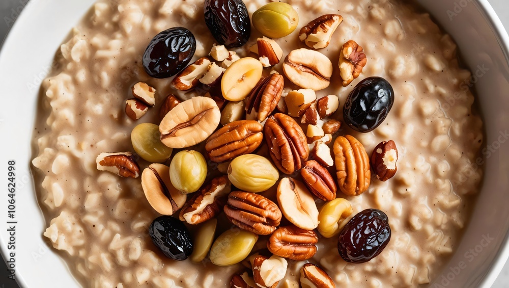 Creamy Oatmeal Topped with Mixed Nuts and Raisins, Creamy Oatmeal with Mixed Nuts and Dried Berries Creamy Oatmeal Topped with Mixed Nuts and Raisins, Creamy Oatmeal with Mixed Nuts and Dried Berries