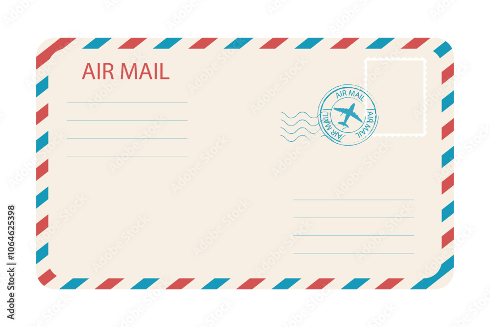 Air mail envelope with spriped border, stamp and mark. Retro Vintage postage card. Blank template with stamp. Airmail frame Air mail envelope with spriped border, stamp and mark. Retro Vintage postage card. Blank template with stamp. Airmail frame