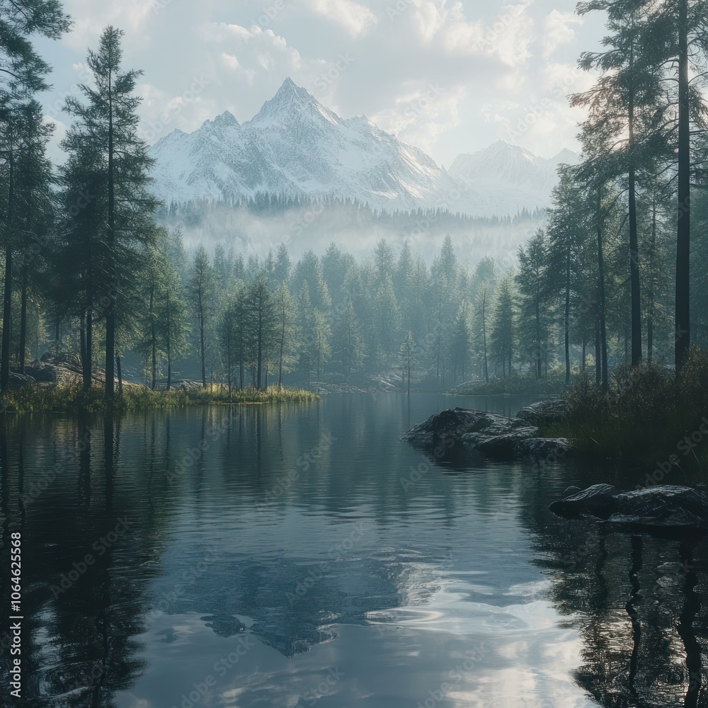 Naklejka premium A tranquil lake reflects a majestic snow-capped mountain peak, shrouded in a soft morning mist. The scene is framed by tall evergreens on either side, creating a sense of peaceful solitude.
