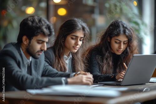 Three young Indian business professionals working together.