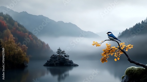 An elegant bird balancing on a frail branch with wings open to the sky, mountainous landscape in the background, embodying self-confidence and courage. Ultra-Realistic, Photo Realistic, highly 