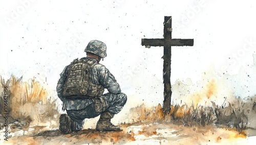 Soldier praying in front of a cross.	 photo