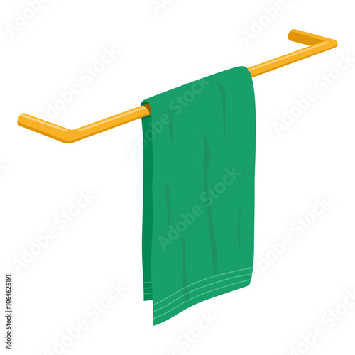 A green towel hanging on a wooden hanger, isolated on a white background. Vector illustration