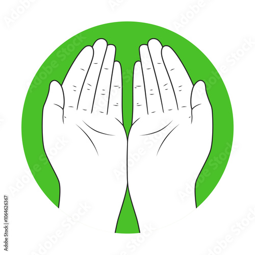Vector illustration of two hands in prayer with a green circular background, black line art with white skin tone