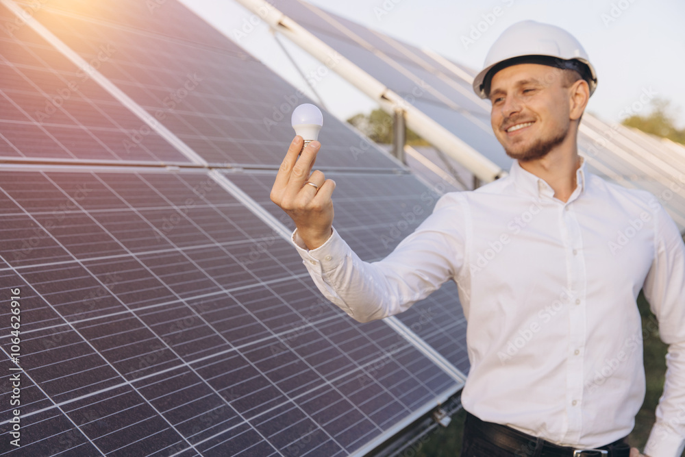 Smiling Engineer Holding LED Bulb Near Solar Panels Smiling Engineer Holding LED Bulb Near Solar Panels