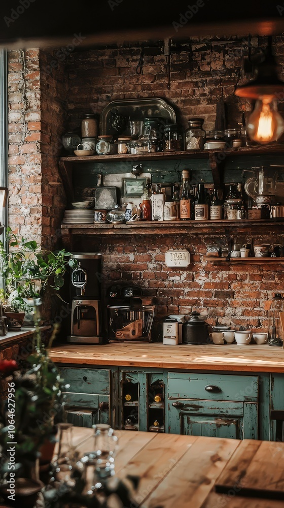 Rustic Kitchen with Brick Walls and Wooden Countertops Rustic Kitchen with Brick Walls and Wooden Countertops