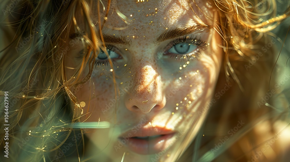 Golden Hour Portrait: Woman with Blue Eyes and Freckles Golden Hour Portrait: Woman with Blue Eyes and Freckles