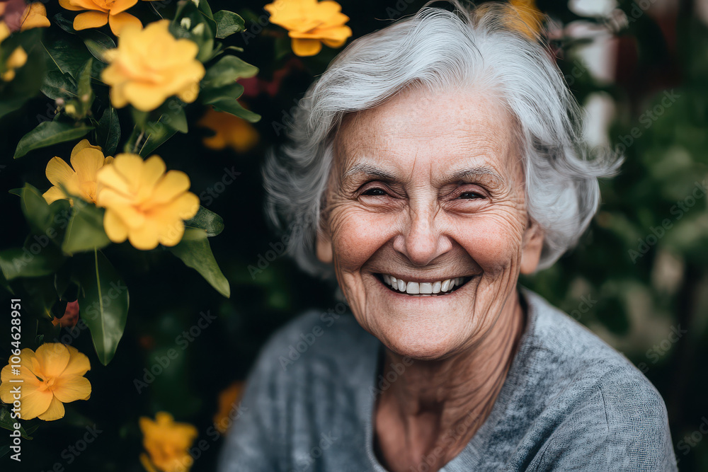 An elderly woman smiles warmly amidst vibrant yellow flowers. An elderly woman smiles warmly amidst vibrant yellow flowers.