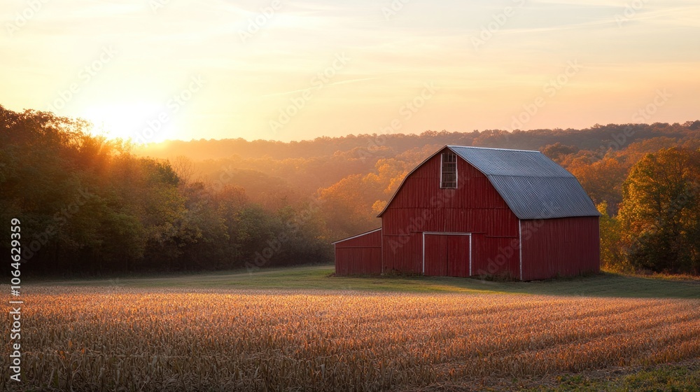 A red barn stands in a field of golden wheat, with a sunset behind it. The barn is made of wood and has a metal roof. There are trees in the background. A red barn stands in a field of golden wheat, with a sunset behind it. The barn is made of wood and has a metal roof. There are trees in the background.