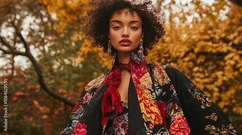 A young woman with curly hair and a colorful scarf stands in a forest with autumn leaves.