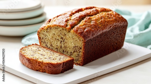 Freshly Baked Banana Bread Loaf With Slice On Cutting Board 