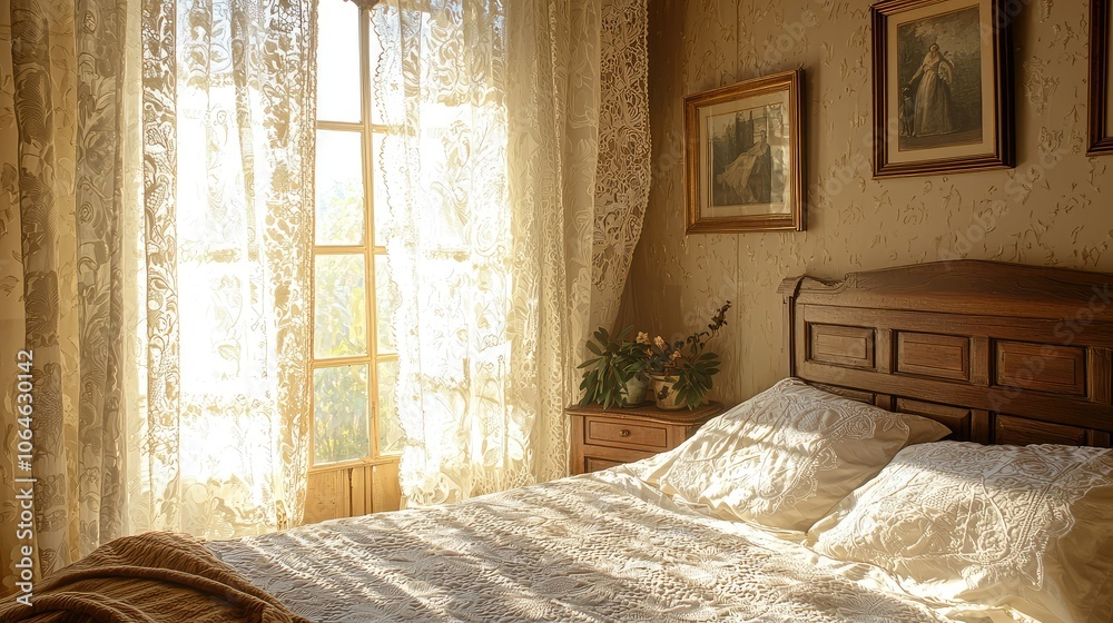 Fototapeta premium Vintage Style Bedroom with Intricate Lace Curtains