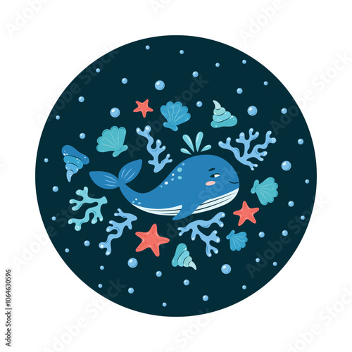 Sea Life round poster. Cute whale on a dark background. Set of sea elements. Characters in children's style. vector illustration.