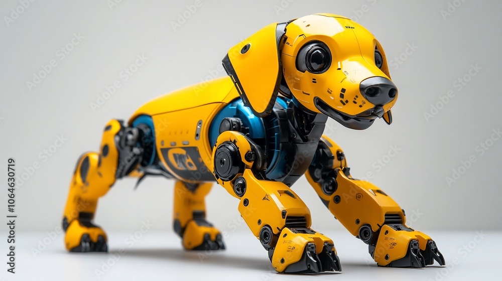 Yellow robotic dog with blue and black accents. Yellow robotic dog with blue and black accents.