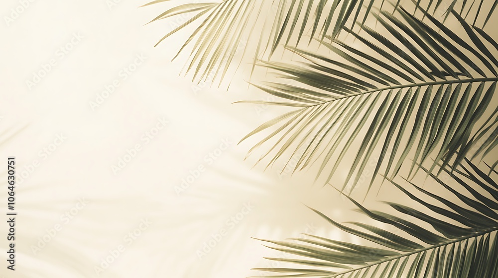 Fototapeta premium Tropical green palm leaf branches isolated on yellow background. the apartment lay, top view