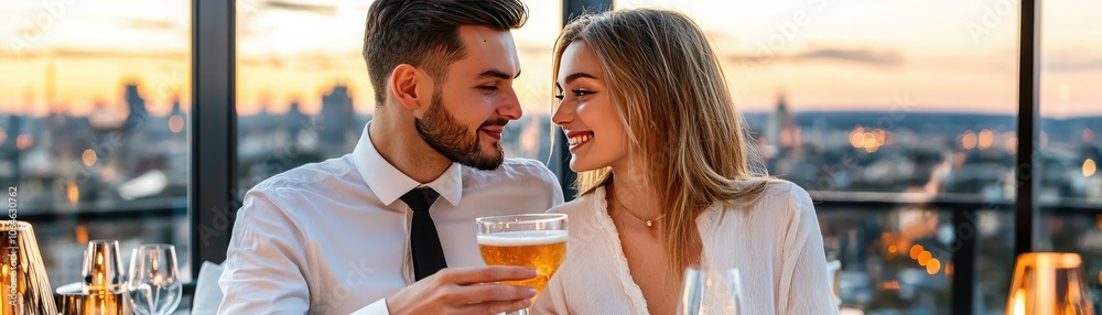 A couple shares a joyous moment over drinks, enjoying a sunset view from a rooftop, radiating romance and celebration. A couple shares a joyous moment over drinks, enjoying a sunset view from a rooftop, radiating romance and celebration.