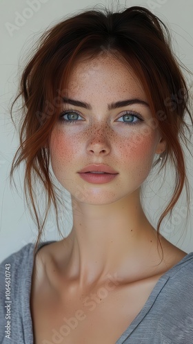 natural portrait of a young woman with freckles captured indoors with soft natural light emphasizing her unique beauty and celebrating individuality against a light background