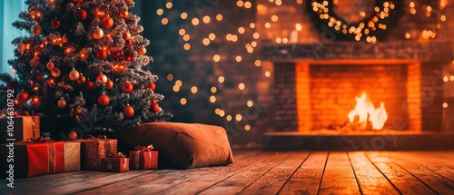 Cozy Christmas scene with a decorated tree and glowing fireplace.