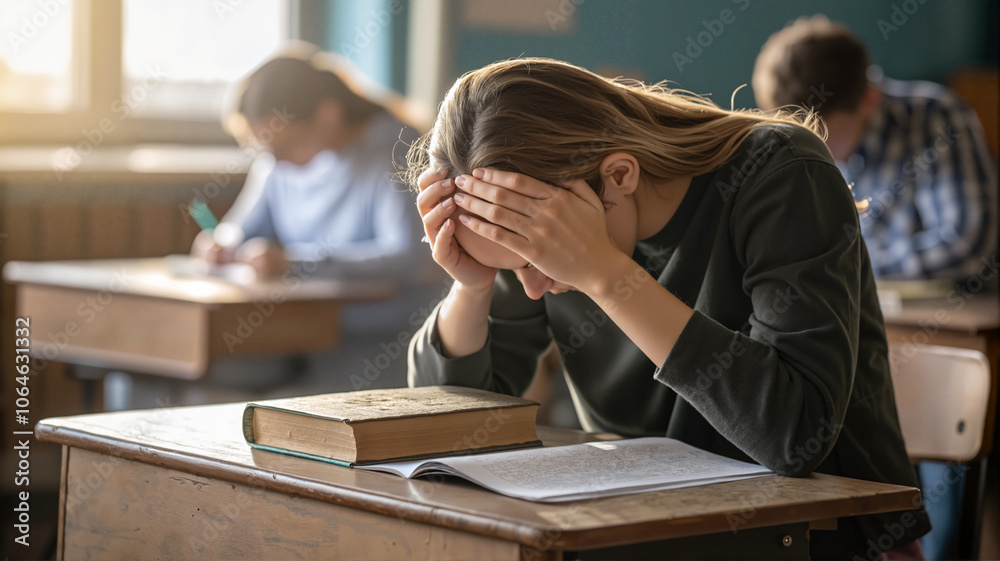 Stressed Student with Head in Hands During Exam
Stressed Student with Head in Hands During Exam