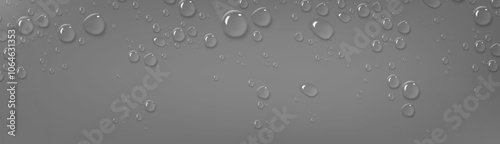 Water droplets scatter on glass window or smooth gray surface. Clear crystal spheres and puddles of various size reflecting light on dark background. Realistic 3d vector banner with raindrops.