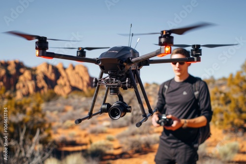 A professional photographer using a drone to capture aerial portraits on International Drone Day