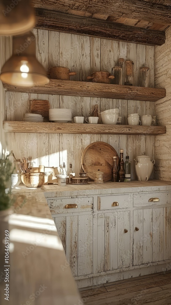 Obraz premium Cozy Country Kitchen with Open Shelves