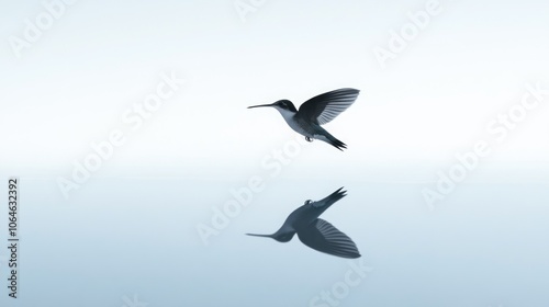 A hummingbird in flight, reflected in still water, with a soft, blue sky background.