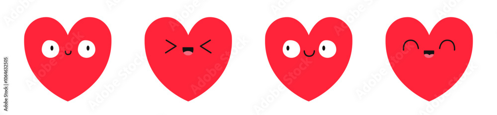 Red heart emoji icon set line. Smiling happy face head. Hearts with eyes. Happy Valentines Day. Cute kawaii cartoon character. Greeting card. Love sign symbol. Flat design. White background. Vector Red heart emoji icon set line. Smiling happy face head. Hearts with eyes. Happy Valentines Day. Cute kawaii cartoon character. Greeting card. Love sign symbol. Flat design. White background. Vector