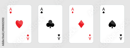 Playing card set. Four aces icon. Poker cards suits. Hearts, diamonds, spades, clubs ace. Winning poker hand. Las Vegas Casino gambling concept. Simple flat design. White background. Isolated. Vector