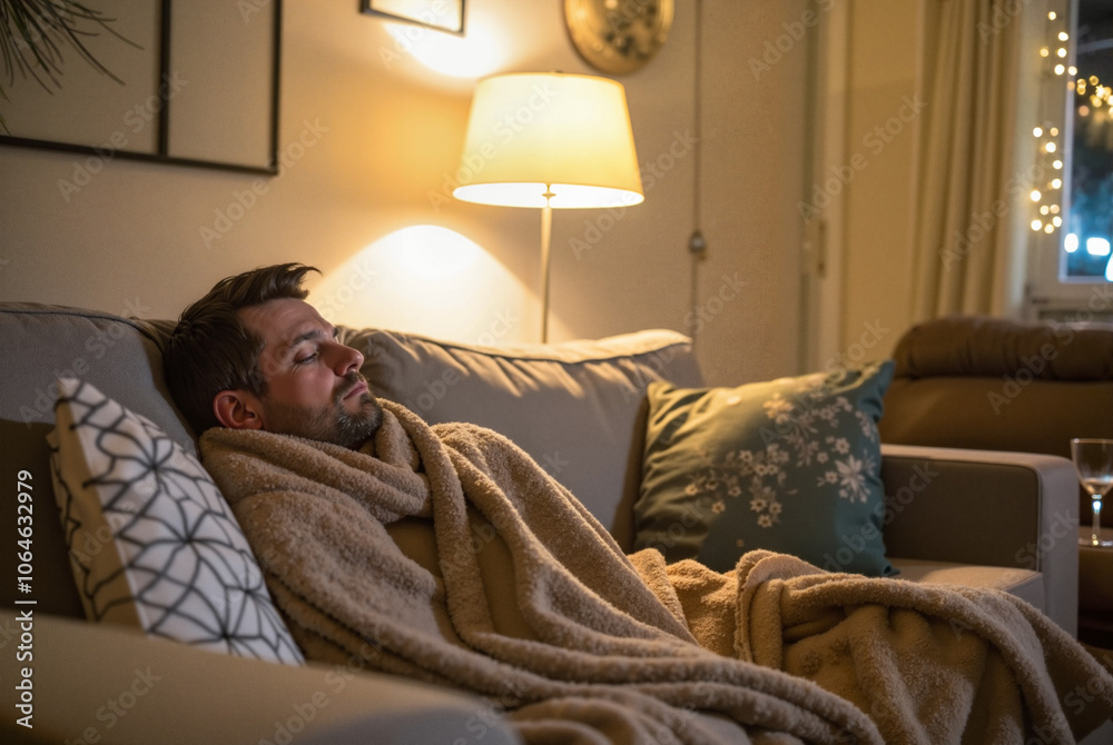 Fototapeta premium Man relaxing on sofa with cozy blanket in dimly lit room