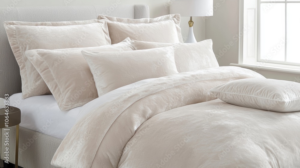Elegant bed setup with fluffy, textured duvet and matching pillows, neutral background, perfect for showcasing contemporary bedroom aesthetics Elegant bed setup with fluffy, textured duvet and matching pillows, neutral background, perfect for showcasing contemporary bedroom aesthetics