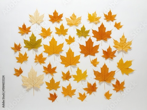 Colorful autumn leaves arranged artistically on a white background.