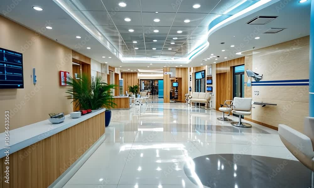 Modern hospital lobby with reception desk, waiting area, and plants.