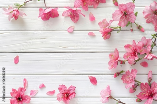 Spring flowers. Pink flowers on white wooden background. Flat lay top view copy space flowers