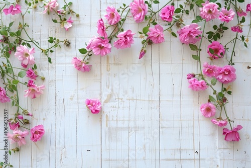 Spring flowers. Pink flowers on white wooden background. Flat lay top view copy space flowers