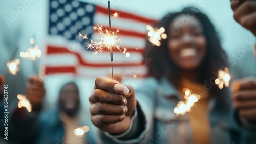 Celebration with sparkler and American flag in the background, joyful moments captured.