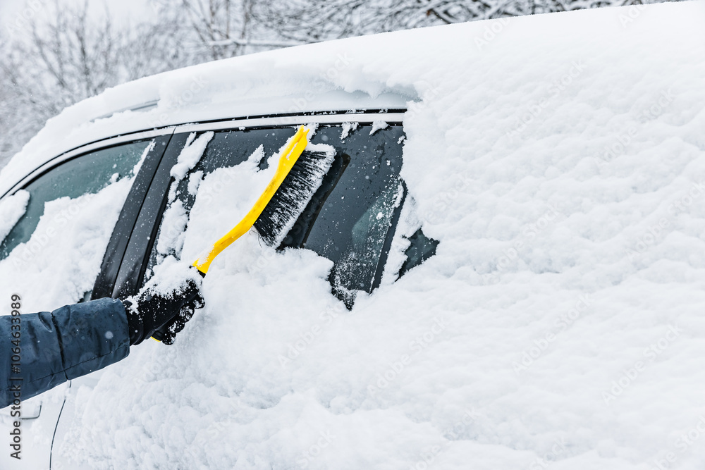 Man cleaning car from snow with yellow brush in winter time. Removing snow from car windows. Man cleaning car from snow with yellow brush in winter time. Removing snow from car windows.
