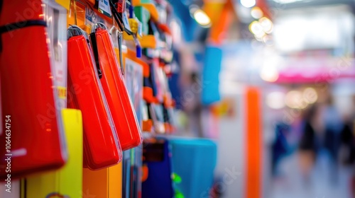 Wallpaper Mural Colorful school supplies hanging on display in a shop with blurred people in the background. Torontodigital.ca