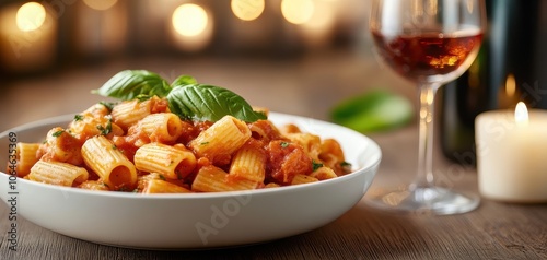 Delicious pasta with basil and wine in a cozy candlelit setting.