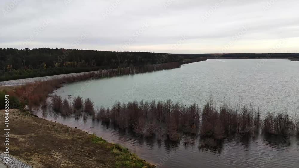 Bird's eye view on Sedlitzer See. The surroundings of Senftenberg. Germany. Federal state of Brandenburg. Bird's eye view on Sedlitzer See. The surroundings of Senftenberg. Germany. Federal state of Brandenburg.