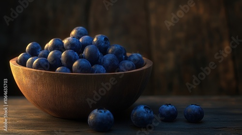 A wooden bowl filled with blueberries sits on a wooden table with a few blueberries scattered around it.