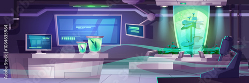 Sci-fi laboratory inside spacecraft with monitors displaying data, glowing green capsules with experimental plants. Futuristic workstation with research tools. Modern equipment for botanical studies.