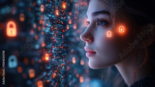 Person enabling privacy settings their social media profile surrounded by glowing locks and encrypted connections representing secure online presence