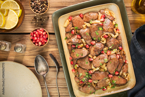 Arabic Cuisine; Tender lemon garlic chicken livers with caramelize onions. Cooked in a sweet tangy pomegranate glaze. Garnished with pomegranate seeds and parsley.