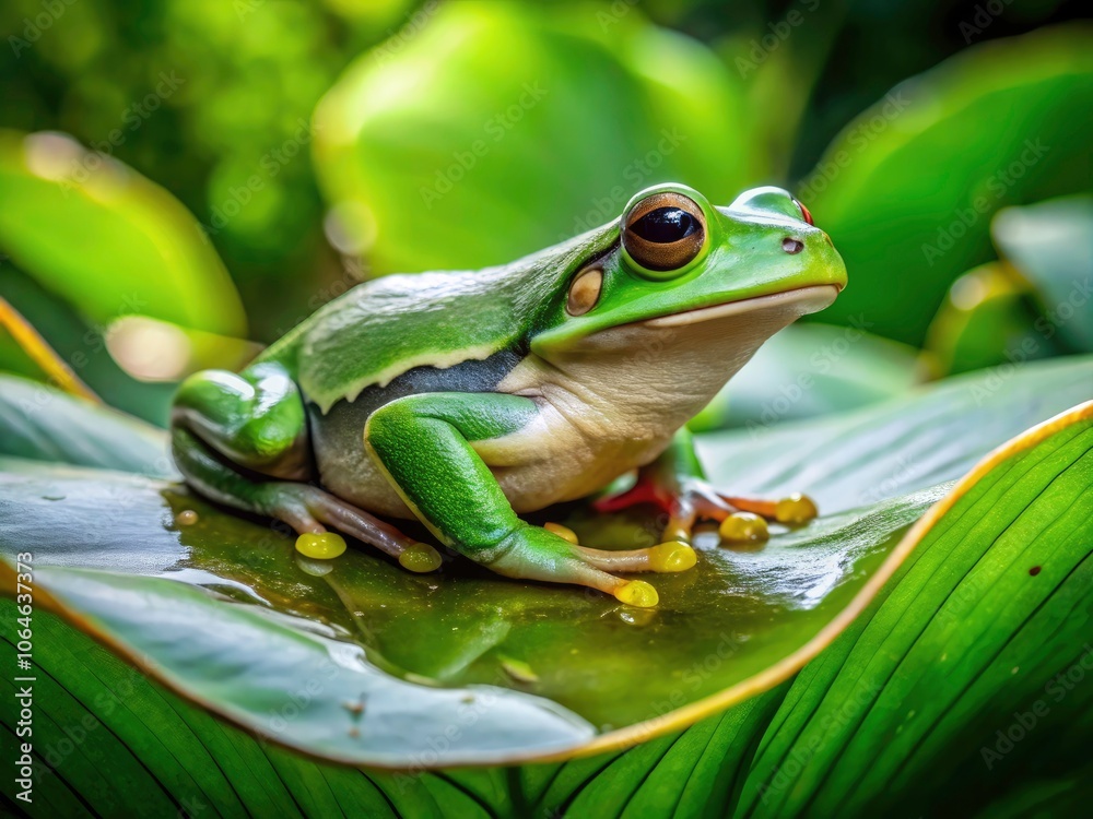 Naklejka premium Stunning Drone Photography of a Green and White Frog in Its Natural Habitat - Captivating Wildlife Imagery for Nature Lovers and Environmental Awareness