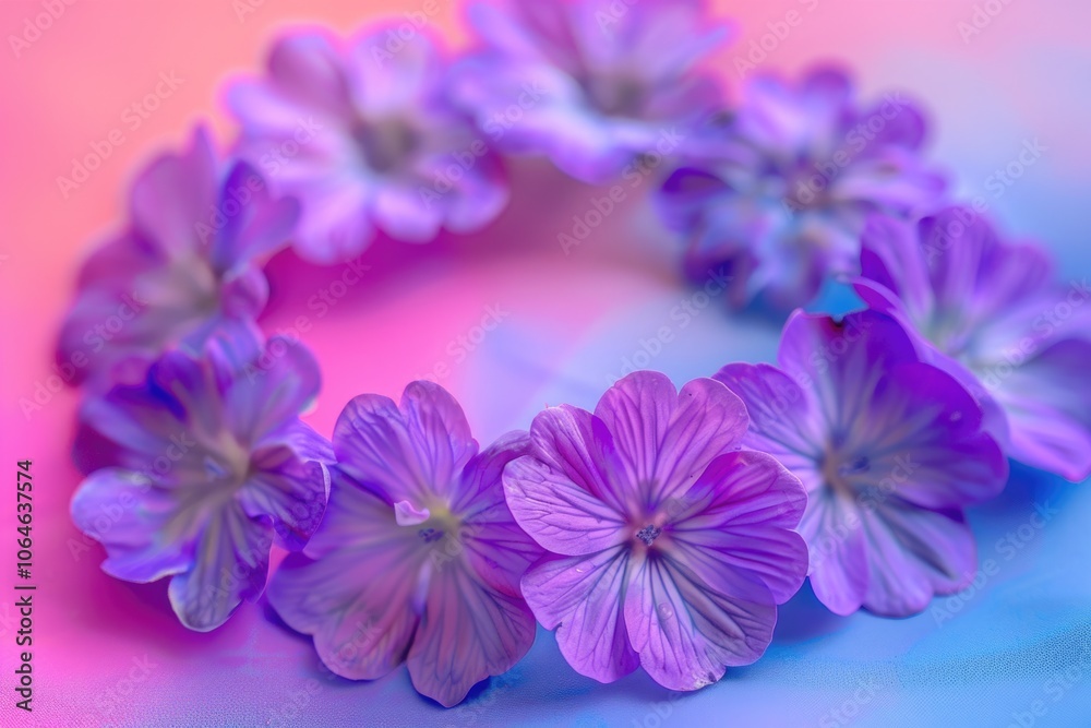 Defocused purple flowers arranged in circle on multicolored backdrop  flowers