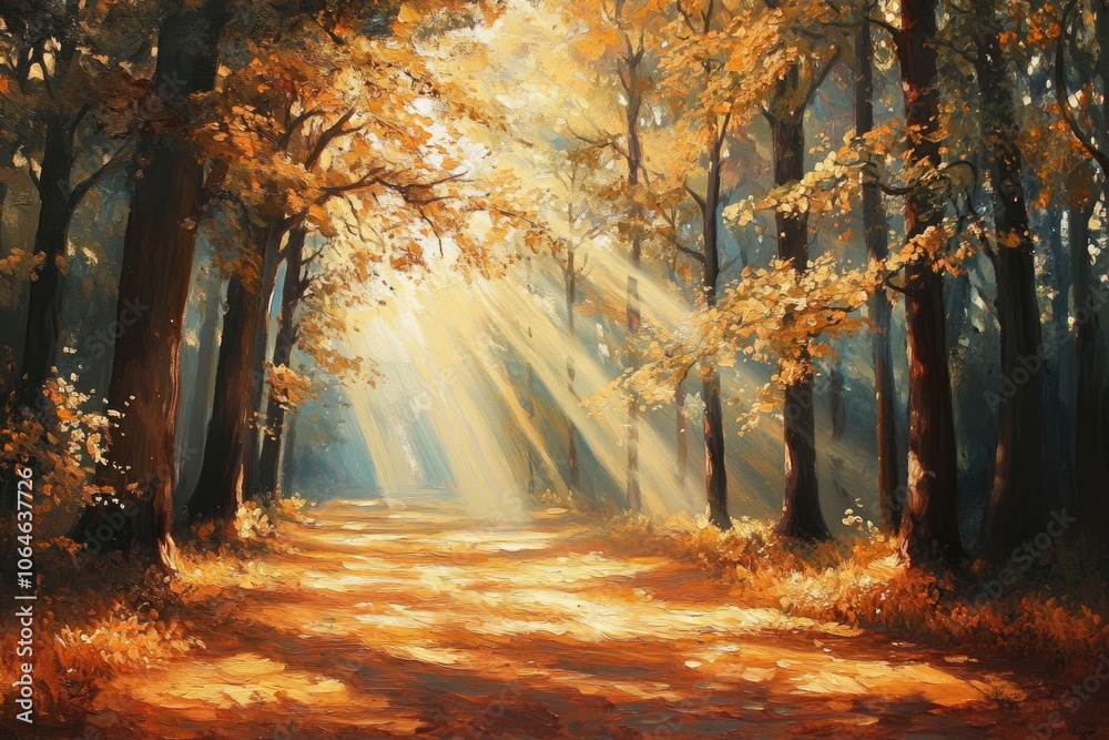 Obraz premium Enchanted Forest: Mystical Autumn Landscape with Sunlight Filtering Through Misty Trees