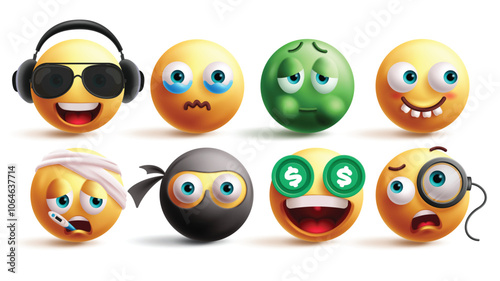 Emoji emoticon characters vector set. Emojis listening music, crying, flu, funny teeth, sick, burglar, rich and criminal characters graphic elements in white background. Vector illustration yellow 