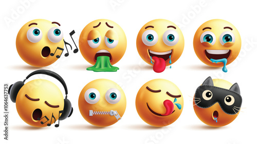 Emoji emoticon characters vector set. Emojis singing, vomit, starving, thirsty, listening music, quiet, craving and rest yellow emoticons collection in white background. Vector illustration emojis 