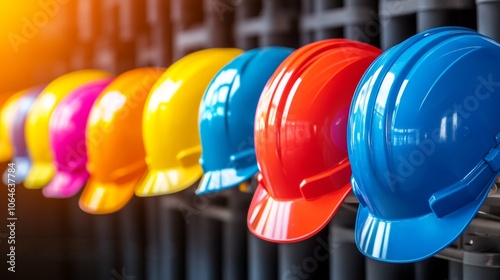 A vibrant array of safety helmets in various colors, neatly arranged, highlighting workplace safety and protective gear. photo